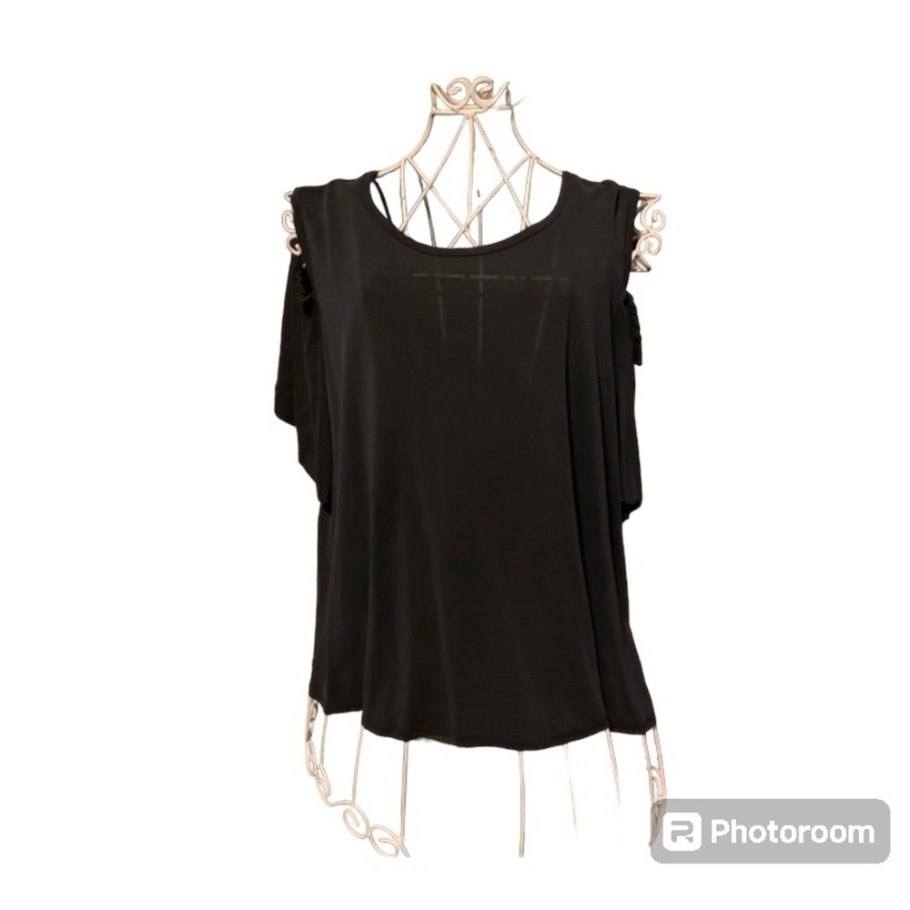 ANTHROPOLOGIE LAVENDER FIELD COLD SHOULDER BLOUSE. BLACK. LARGE.